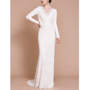 TADASHI Drape Neck Long Sleeve Lace Wedding Dress
